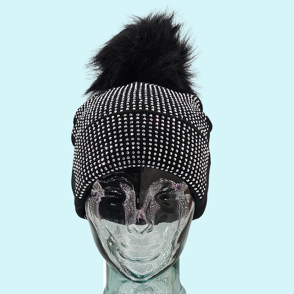 Adrienne Landau Hat Beanie Black Embellished Faux Fur Pom Pom Holiday Outdoor